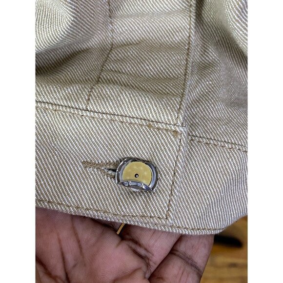 Oat New York Womens Denim Crop Backvent Jacket Khaki Buttons Pockets Collared L - Picture 8 of 9